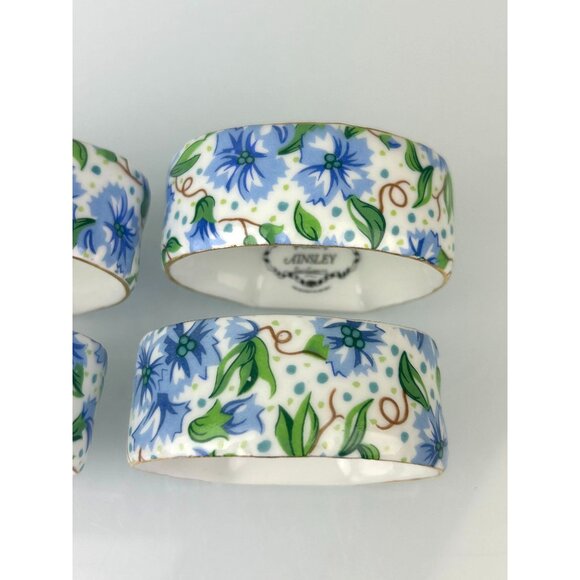Two's Company Ainsley Chintz Blue Floral Ceramic Porcelain Napkin Rings Set of 4 - Picture 6 of 14